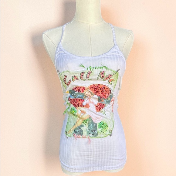 Tops - White Sequin Graphic Spaghetti Strap Tank Top